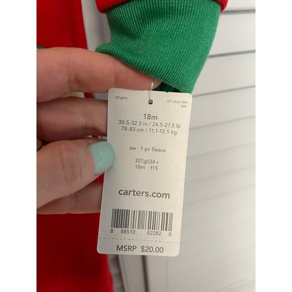 Carter's 1 piece fleece footed red green reindeer pajamas baby size 18 months - Picture 3 of 5